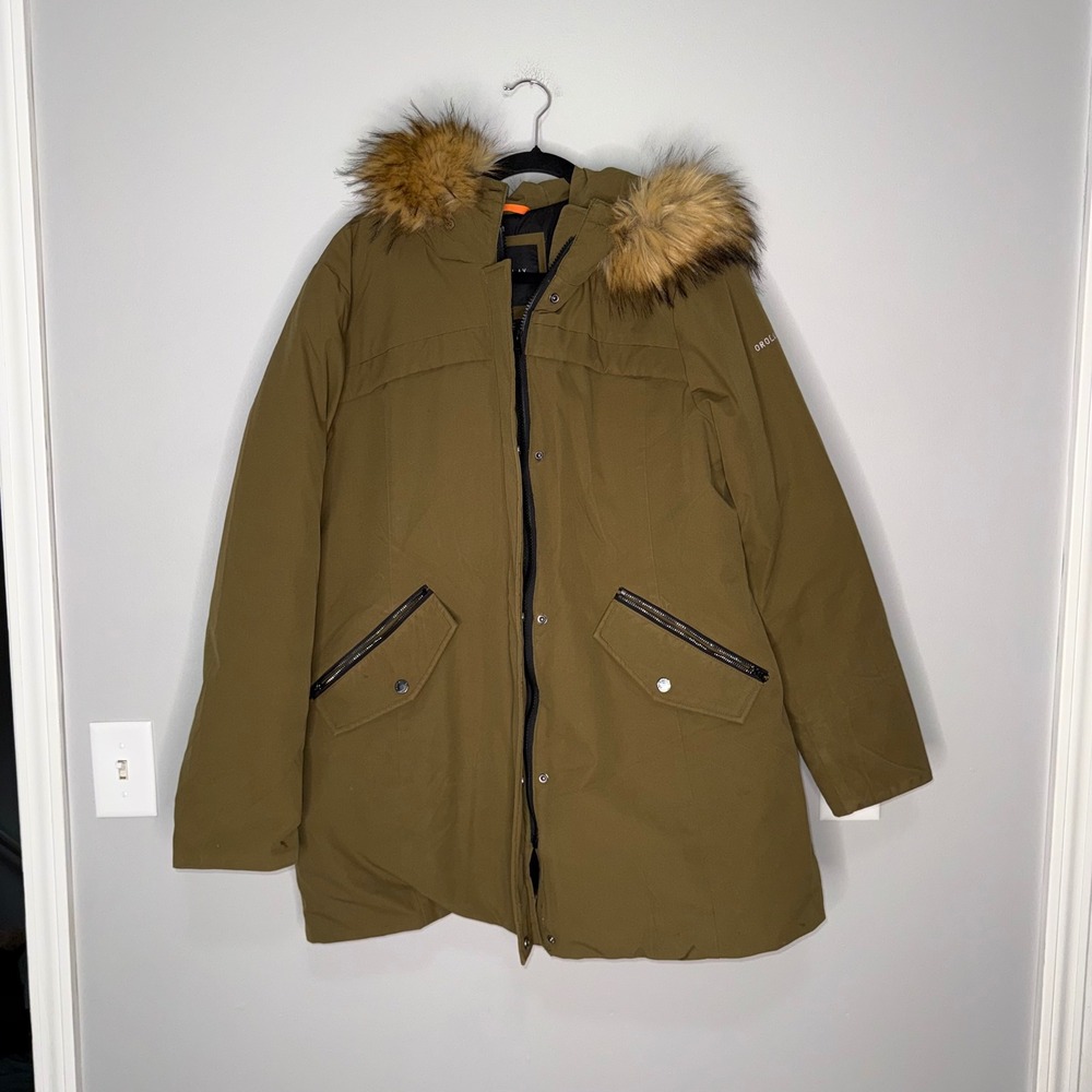 Orolay Down Parka Women XL Green Good Faux Fur Trim Hooded Winter Puffer Coat‎